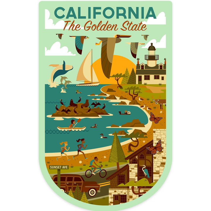 California, The Golden State, Geometric, Blue Sky, Contour, Vinyl Sticker Sticker Lantern Press 