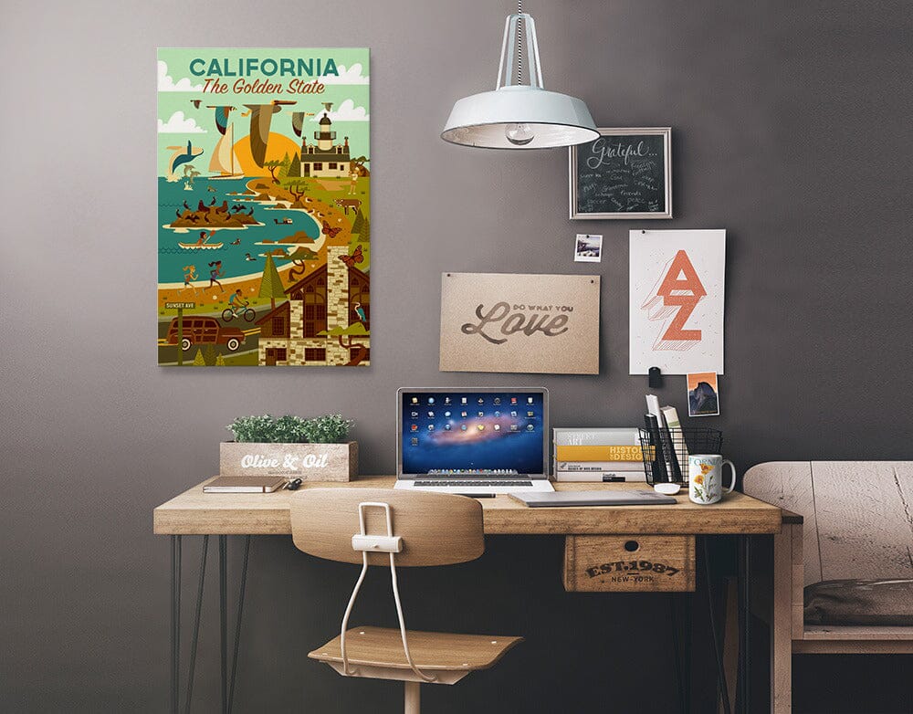 California, The Golden State, Geometric, Blue Sky, Stretched Canvas Canvas Lantern Press 