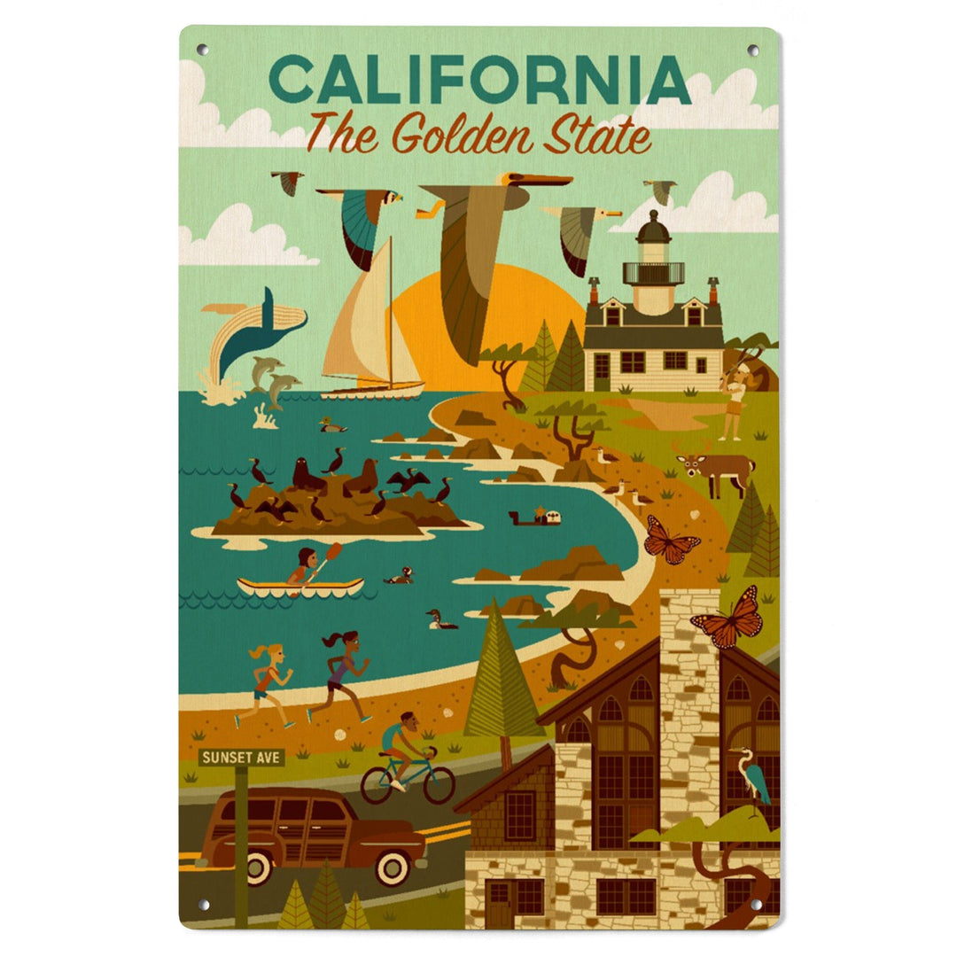 California, The Golden State, Geometric, Blue Sky, Wood Signs and Postcards Wood Lantern Press 