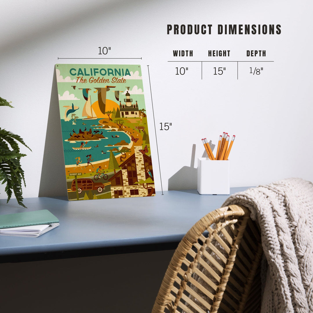 California, The Golden State, Geometric, Blue Sky, Wood Signs and Postcards Wood Lantern Press 