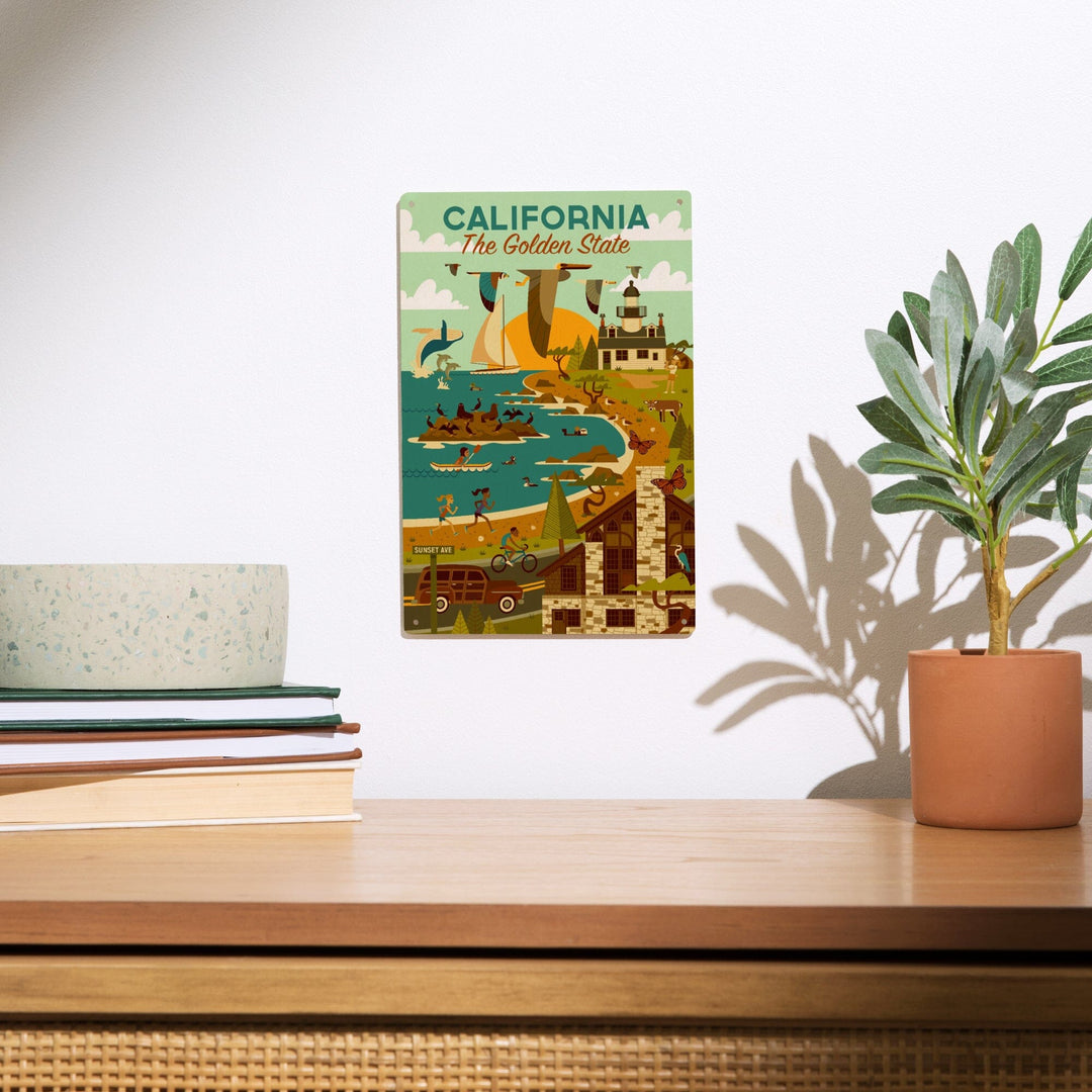 California, The Golden State, Geometric, Blue Sky, Wood Signs and Postcards Wood Lantern Press 