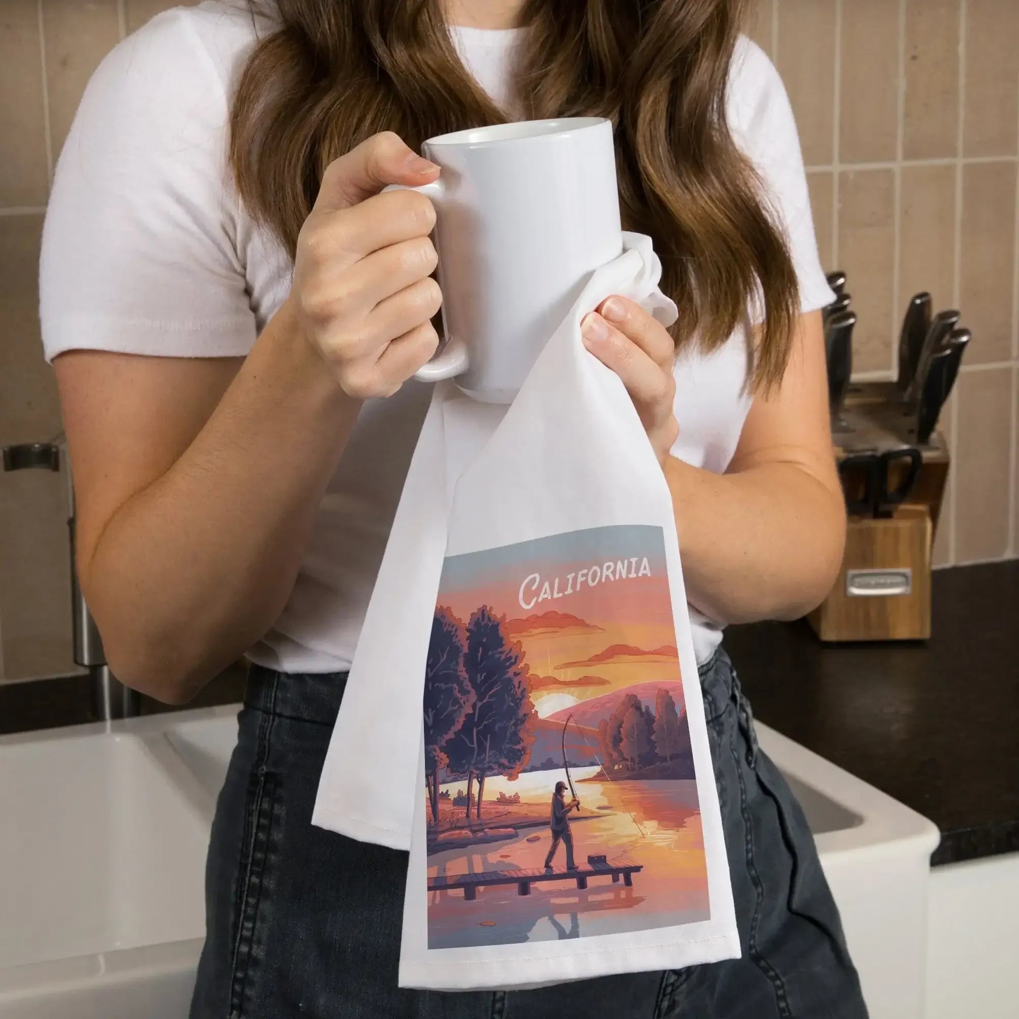 California, This is Living, Fishing with Mountain, Contour, Organic Cotton Kitchen Tea Towels - Thumbnail 4
