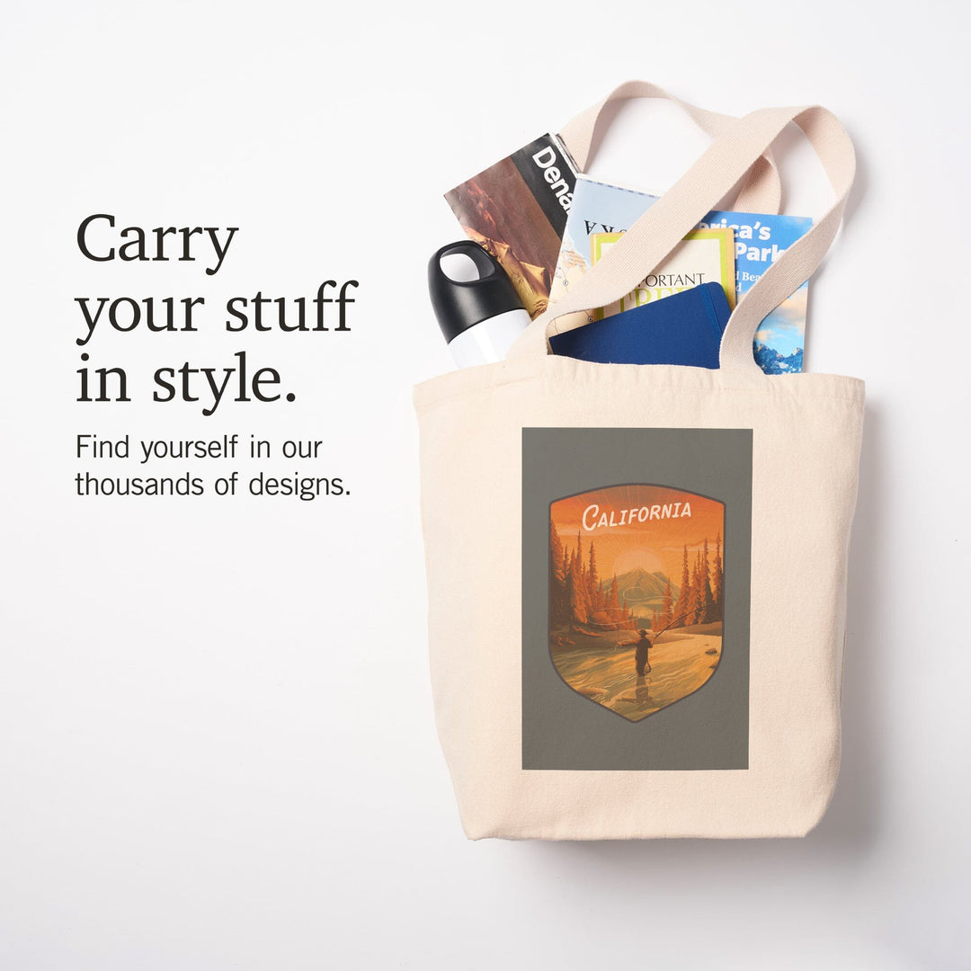 California, This is Living, Fishing with Mountain, Contour, Tote Bag Totes Lantern Press 