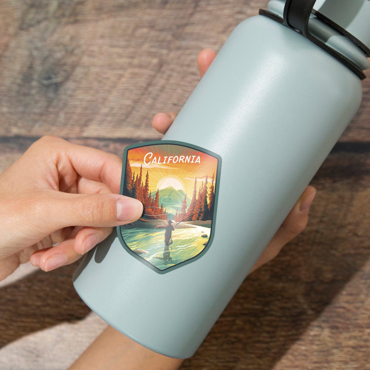 California, This is Living, Fishing with Mountain, Contour, Vinyl Sticker Sticker Lantern Press 