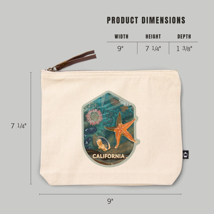 California, Tiny World Huge Wonders, Painterly, Starfish and Shells,, Organic Cotton Zipper Pouch, Go Bag Totes Lantern Press 