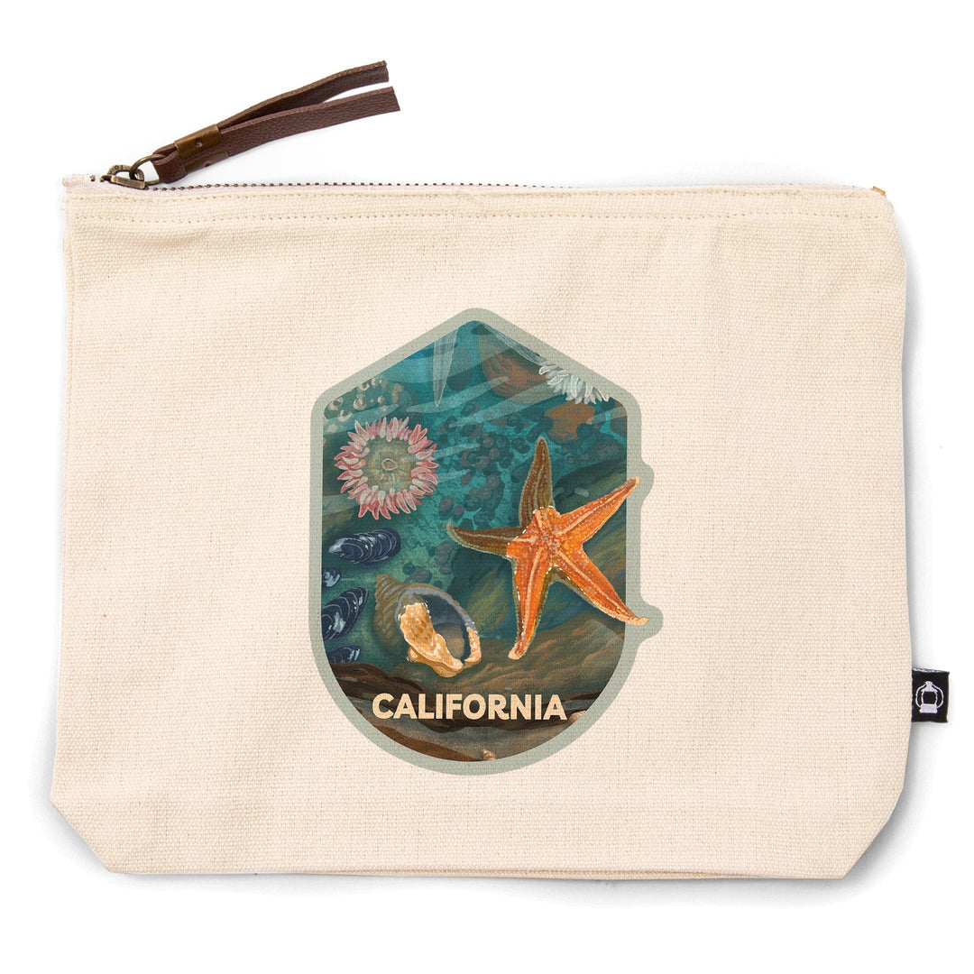 California, Tiny World Huge Wonders, Painterly, Starfish and Shells,, Organic Cotton Zipper Pouch, Go Bag Totes Lantern Press 