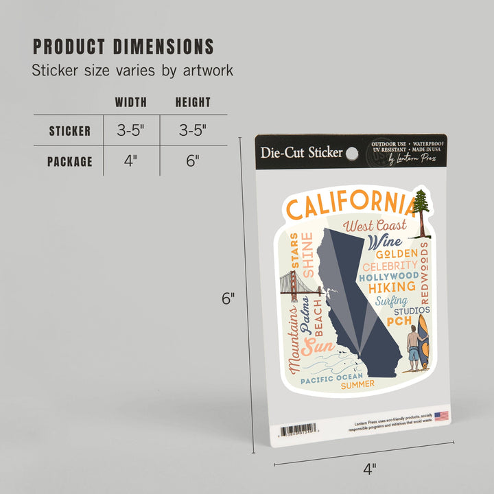 California, Typography & Icons, Contour, Lantern Press Artwork, Vinyl Sticker - Lantern Press