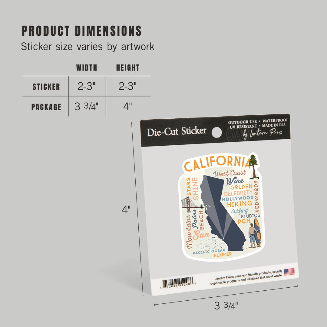 California, Typography & Icons, Contour, Lantern Press Artwork, Vinyl Sticker - Lantern Press