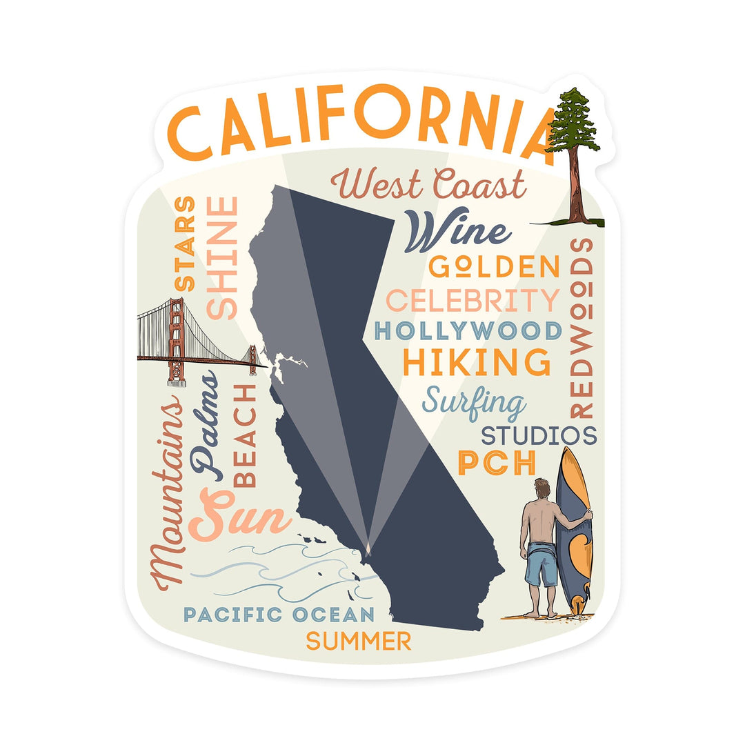 California, Typography & Icons, Contour, Lantern Press Artwork, Vinyl Sticker - Lantern Press