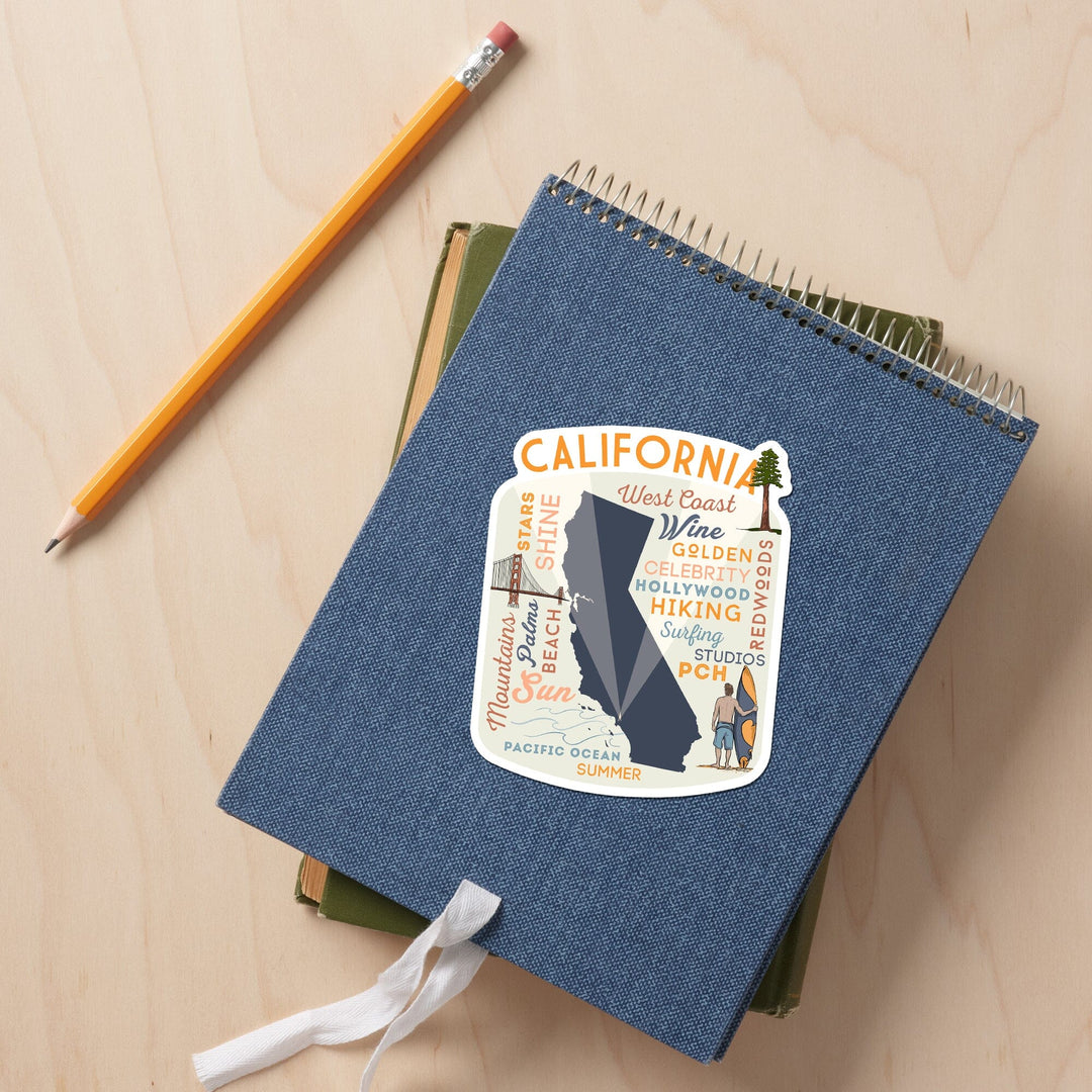 California, Typography & Icons, Contour, Lantern Press Artwork, Vinyl Sticker - Lantern Press