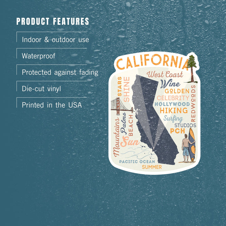 California, Typography & Icons, Contour, Lantern Press Artwork, Vinyl Sticker - Lantern Press