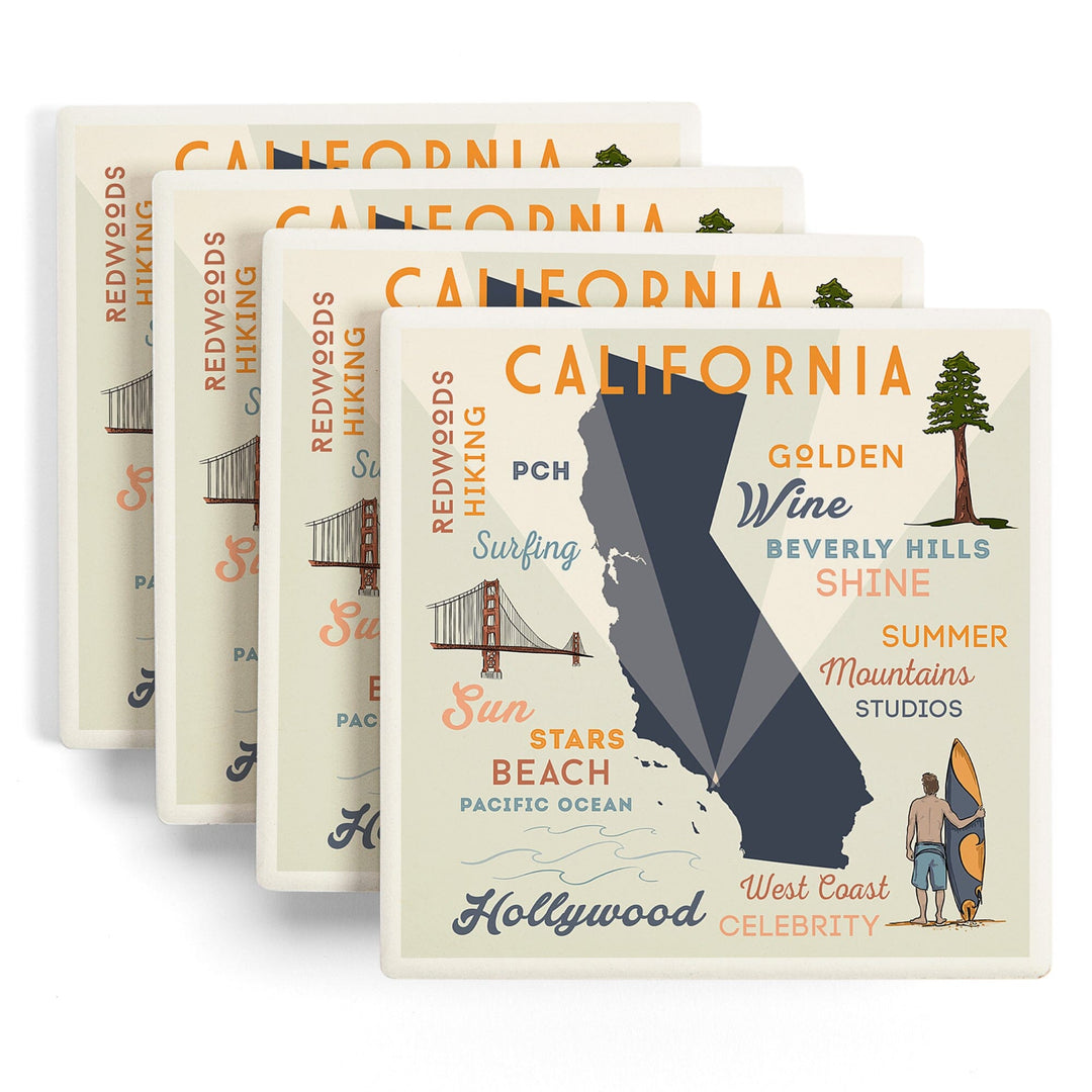 California, Typography & Icons, Lantern Press Artwork, Coaster Set - Lantern Press