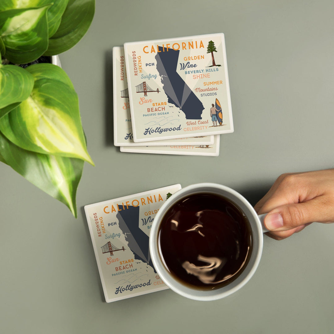 California, Typography & Icons, Lantern Press Artwork, Coaster Set - Lantern Press