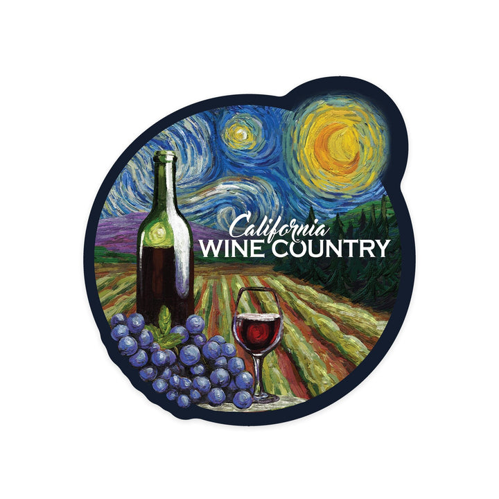 California, Vineyard, Starry Night, Contour, Lantern Press Artwork, Vinyl Sticker - Lantern Press