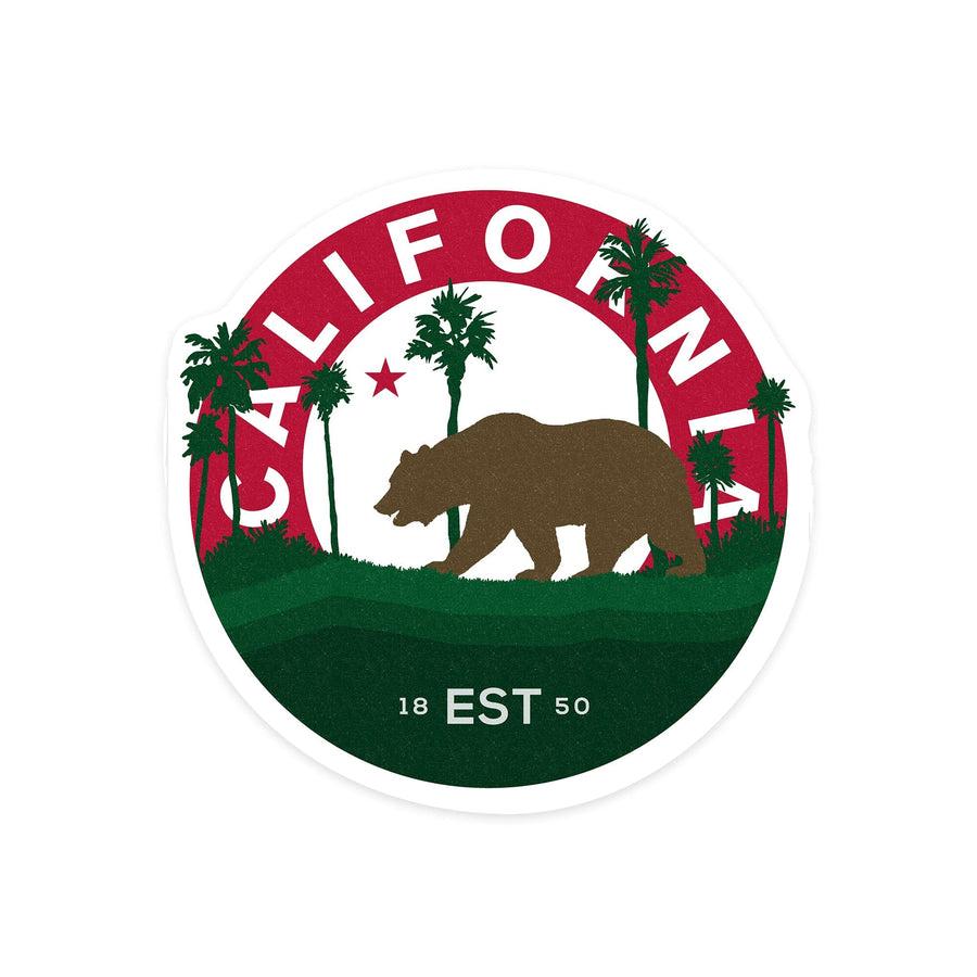 California, Vintage Circular Bear, Contour, California Flag, Vinyl Sticker Sticker Lantern Press 
