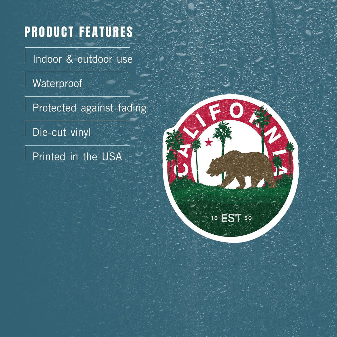 California, Vintage Circular Bear, Contour, California Flag, Vinyl Sticker Sticker Lantern Press 
