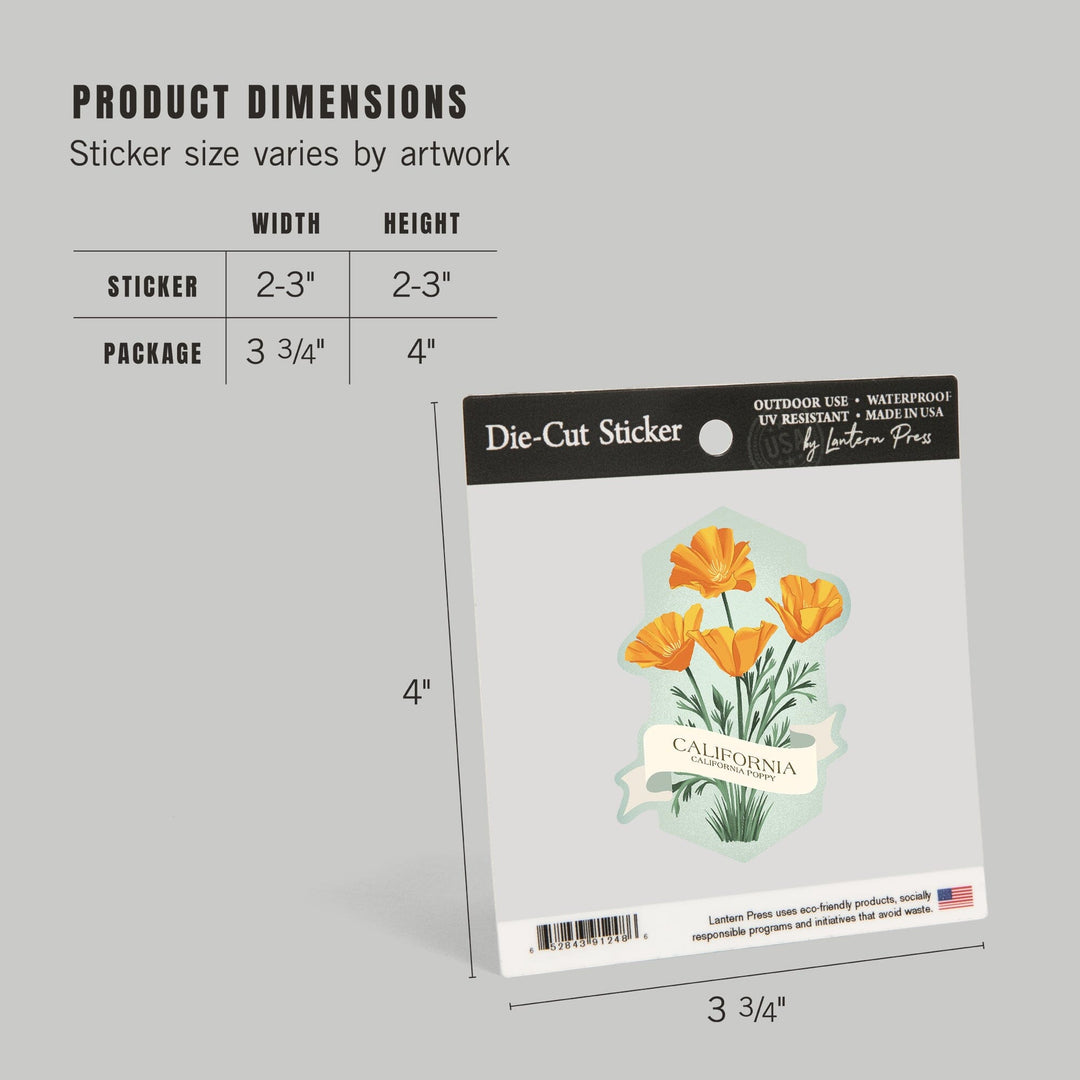 California, Vintage Flora, State Series, Poppy, Contour, Vinyl Sticker Sticker Lantern Press 