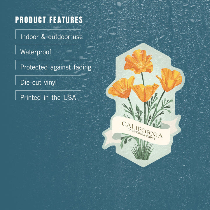 California, Vintage Flora, State Series, Poppy, Contour, Vinyl Sticker Sticker Lantern Press 