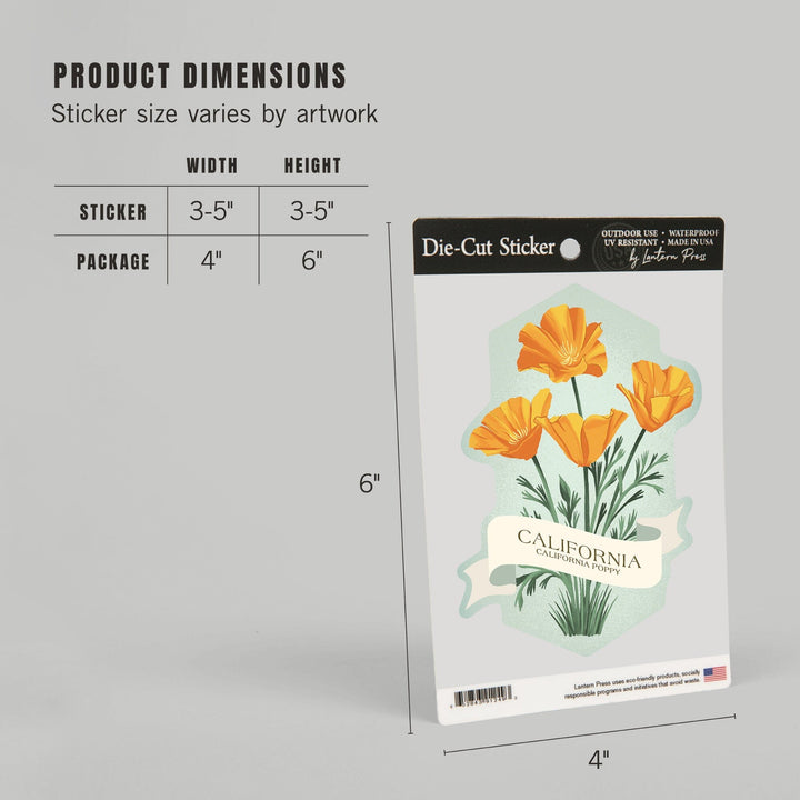 California, Vintage Flora, State Series, Poppy, Contour, Vinyl Sticker Sticker Lantern Press 