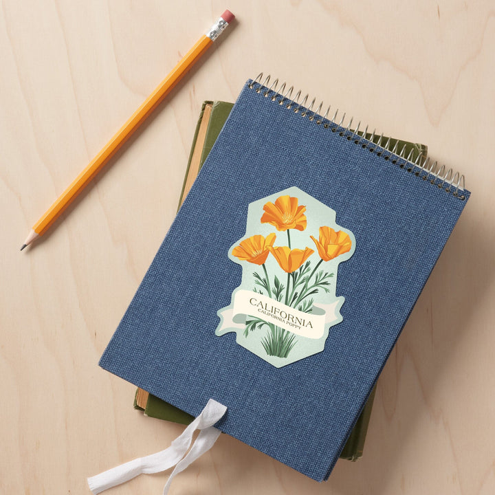 California, Vintage Flora, State Series, Poppy, Contour, Vinyl Sticker Sticker Lantern Press 