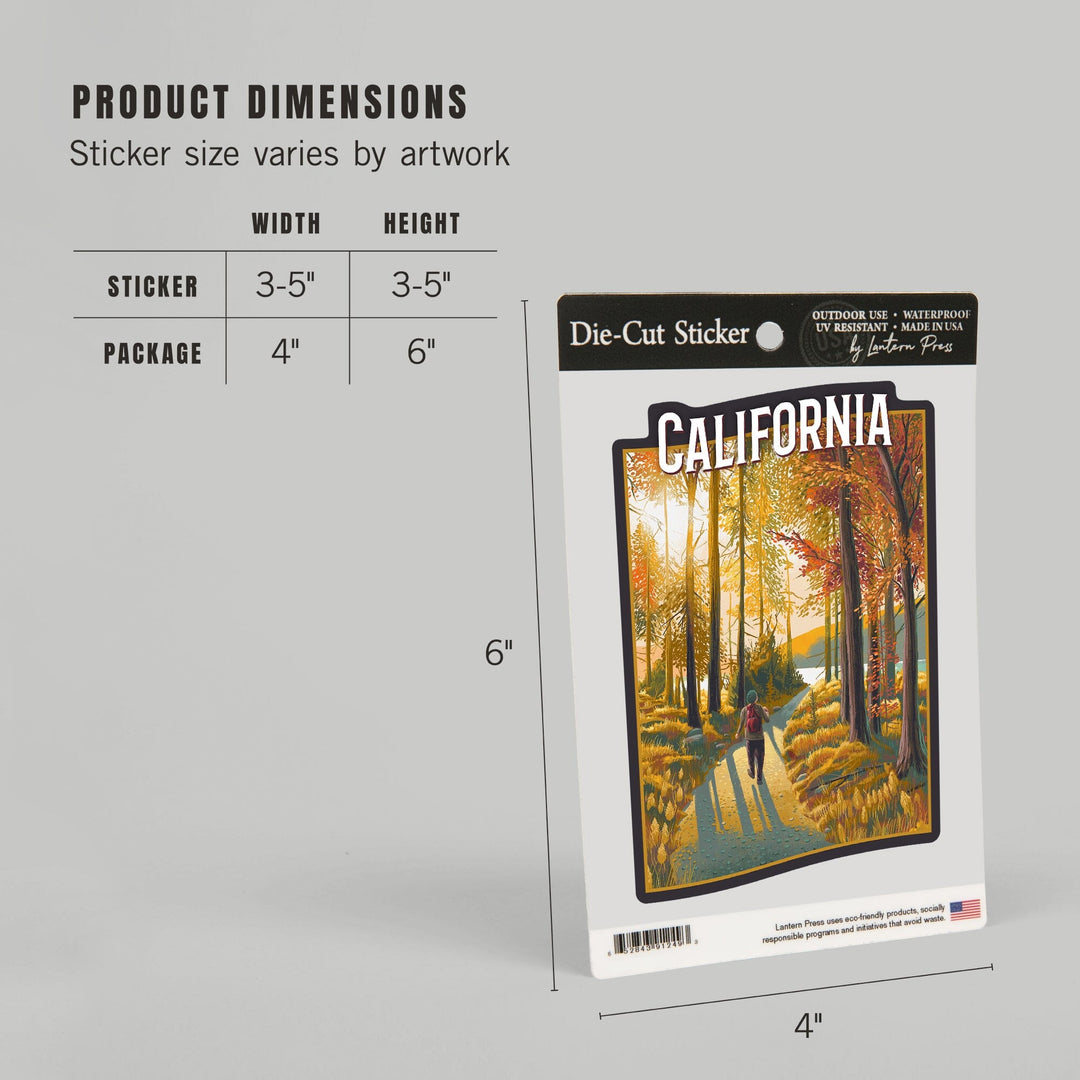 California, Walk In The Woods, Day Hike, Fall, Contour, Vinyl Sticker Sticker Lantern Press 