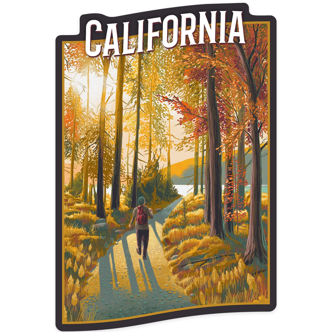 California, Walk In The Woods, Day Hike, Fall, Contour, Vinyl Sticker Sticker Lantern Press 
