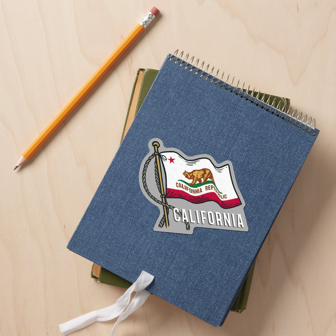 California, Waving State Flag, State Series, Contour, Vinyl Sticker Sticker Lantern Press 