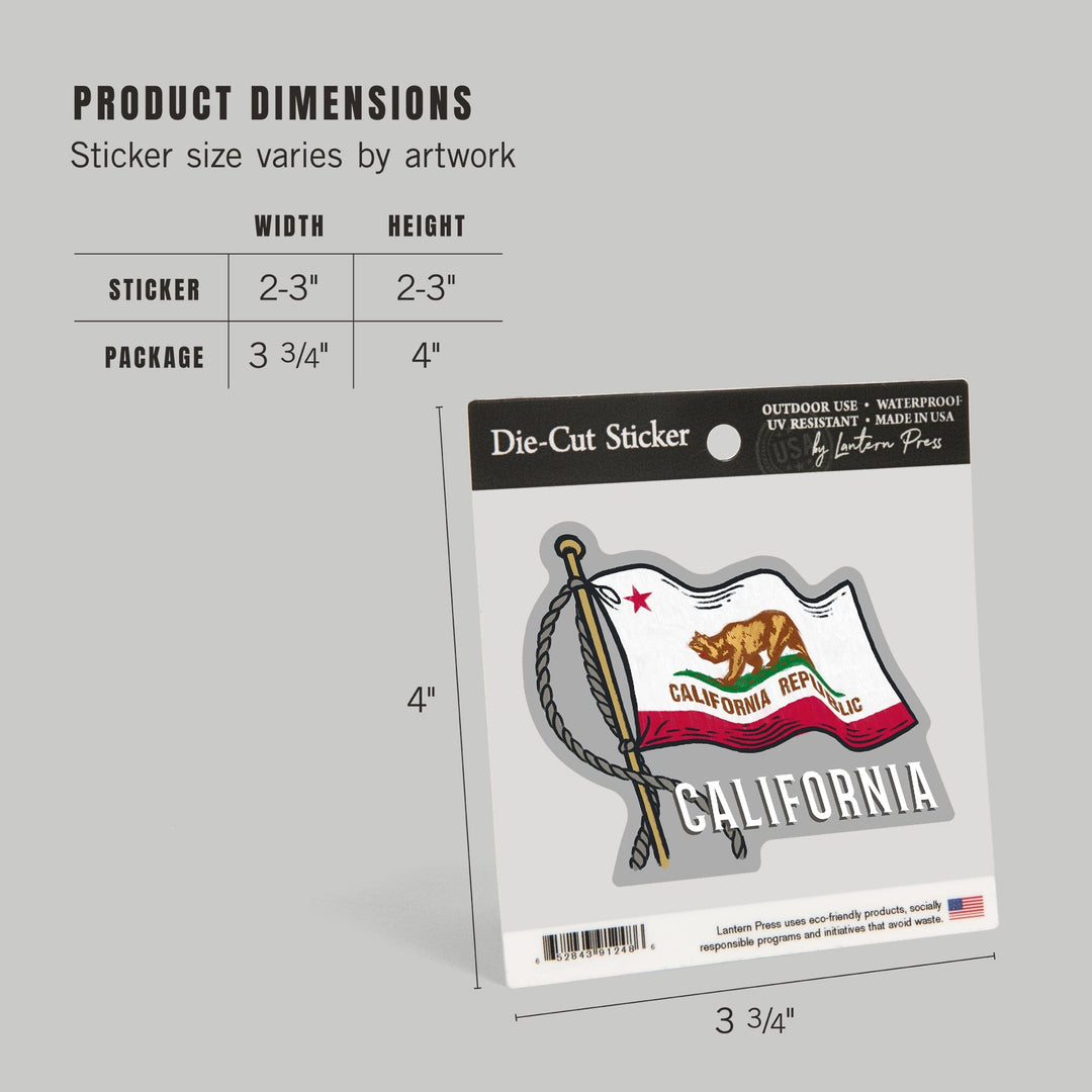 California, Waving State Flag, State Series, Contour, Vinyl Sticker Sticker Lantern Press 