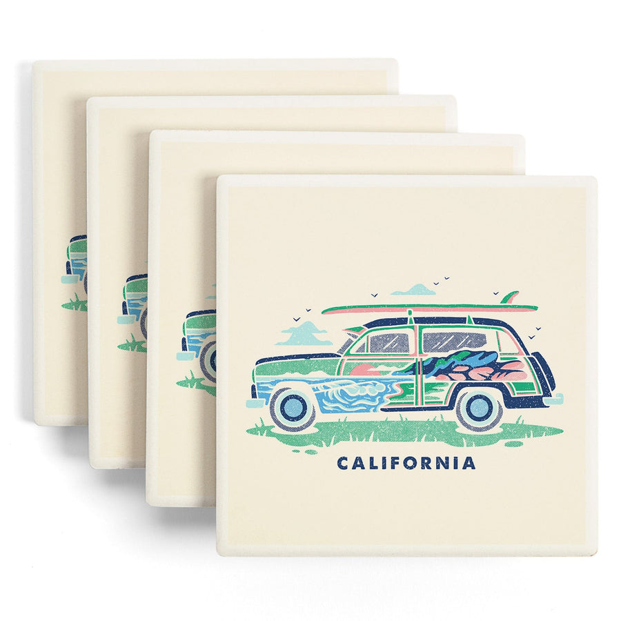 California, Woody sans Palm Tree, Distressed Vector, Lantern Press Artwork, Coaster Set - Lantern Press