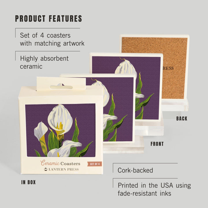 Calla Lily, Letterpress, Lantern Press Poster, Coaster Set - Lantern Press