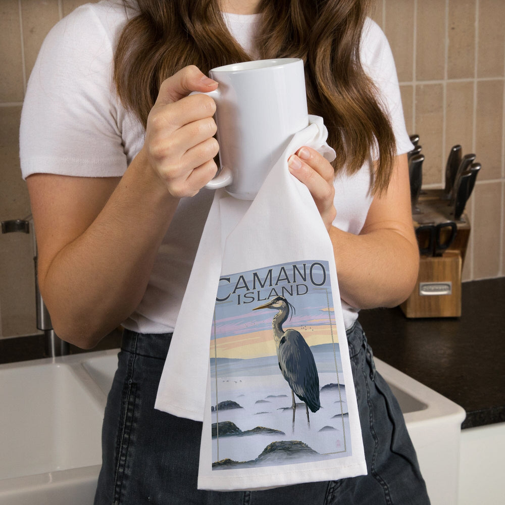 Camano Island, Washington, Blue Heron and Fog, Organic Cotton Kitchen Tea Towels Kitchen Lantern Press 
