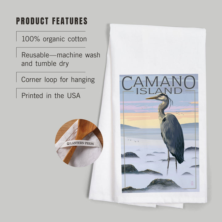 Camano Island, Washington, Blue Heron and Fog, Organic Cotton Kitchen Tea Towels Kitchen Lantern Press 