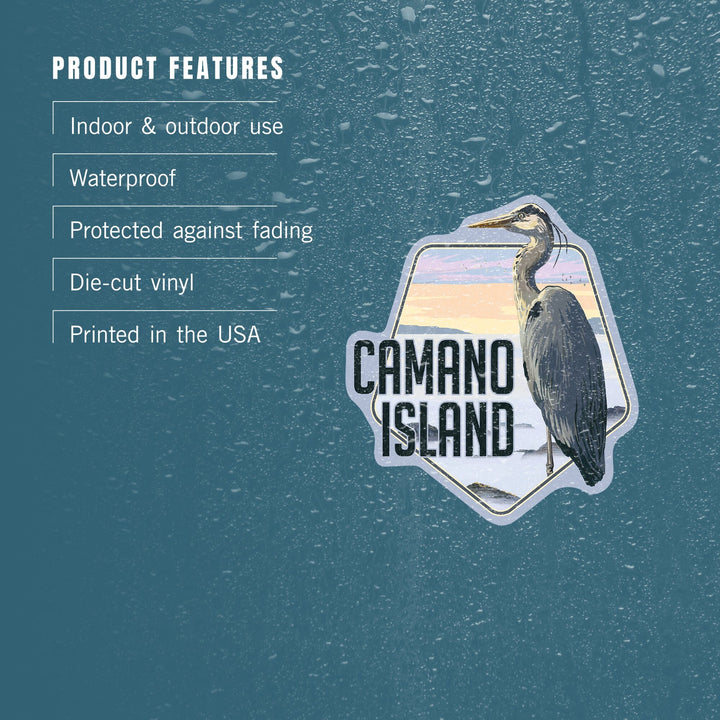 Camano Island, Washington, Blue Heron & Fog, Contour, Lantern Press Artwork, Vinyl Sticker Sticker Lantern Press 