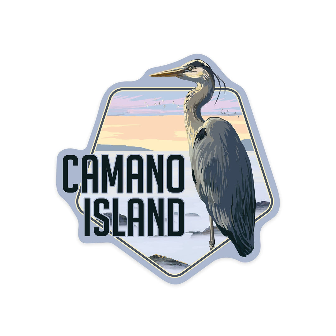 Camano Island, Washington, Blue Heron & Fog, Contour, Lantern Press Artwork, Vinyl Sticker Sticker Lantern Press 