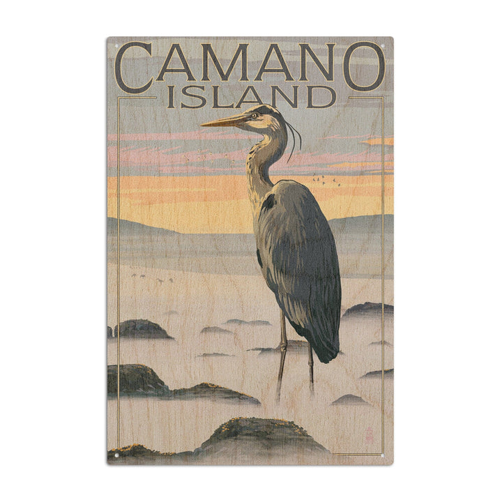 Camano Island, Washington, Blue Heron & Fog, Lantern Press Artwork, Wood Signs and Postcards Wood Lantern Press 10 x 15 Wood Sign 