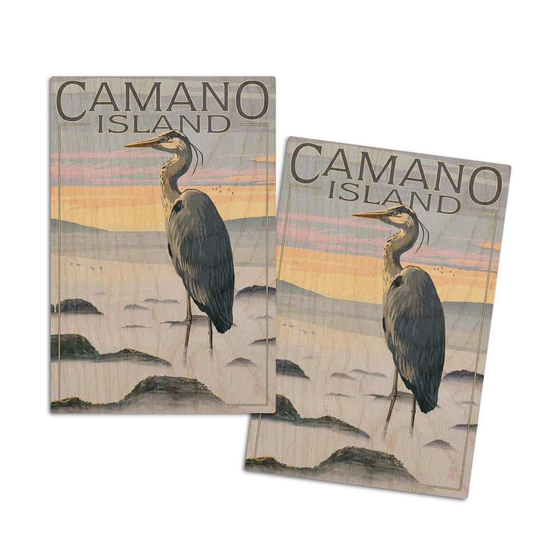 Camano Island, Washington, Blue Heron & Fog, Lantern Press Artwork, Wood Signs and Postcards Wood Lantern Press 4x6 Wood Postcard Set 