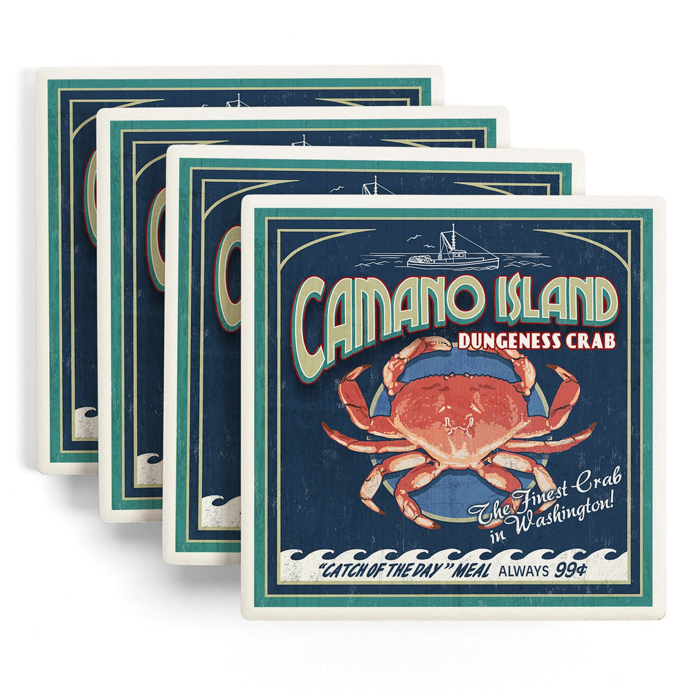 Camano Island, Washington, Dungeness Crab Vintage Sign, Coasters Coasters Lantern Press 