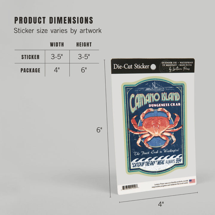 Camano Island, Washington, Dungeness Crab Vintage Sign, Contour, Vinyl Sticker - Lantern Press