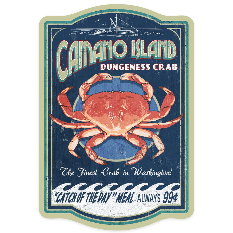 Camano Island, Washington, Dungeness Crab Vintage Sign, Contour, Vinyl Sticker - Lantern Press