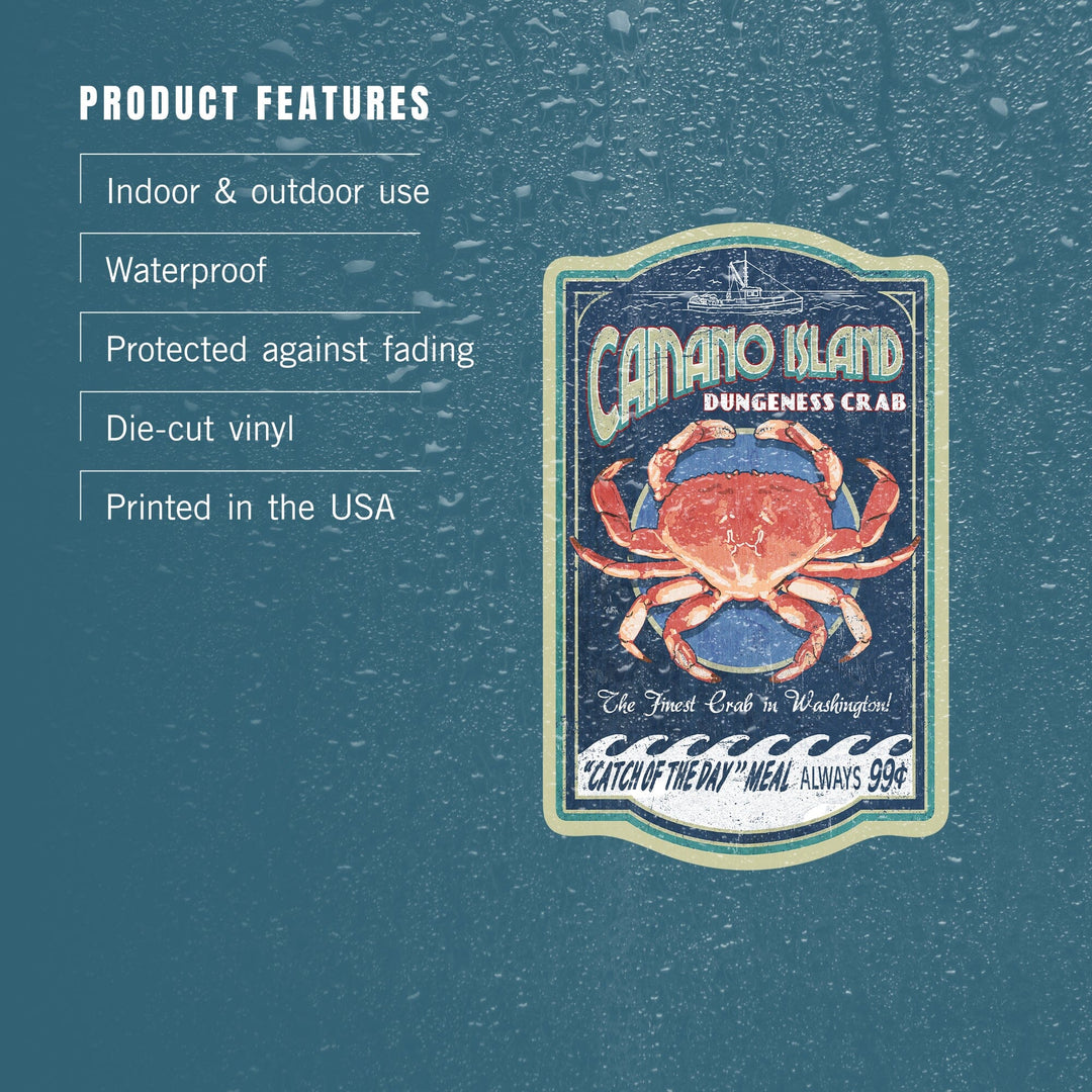 Camano Island, Washington, Dungeness Crab Vintage Sign, Contour, Vinyl Sticker - Lantern Press