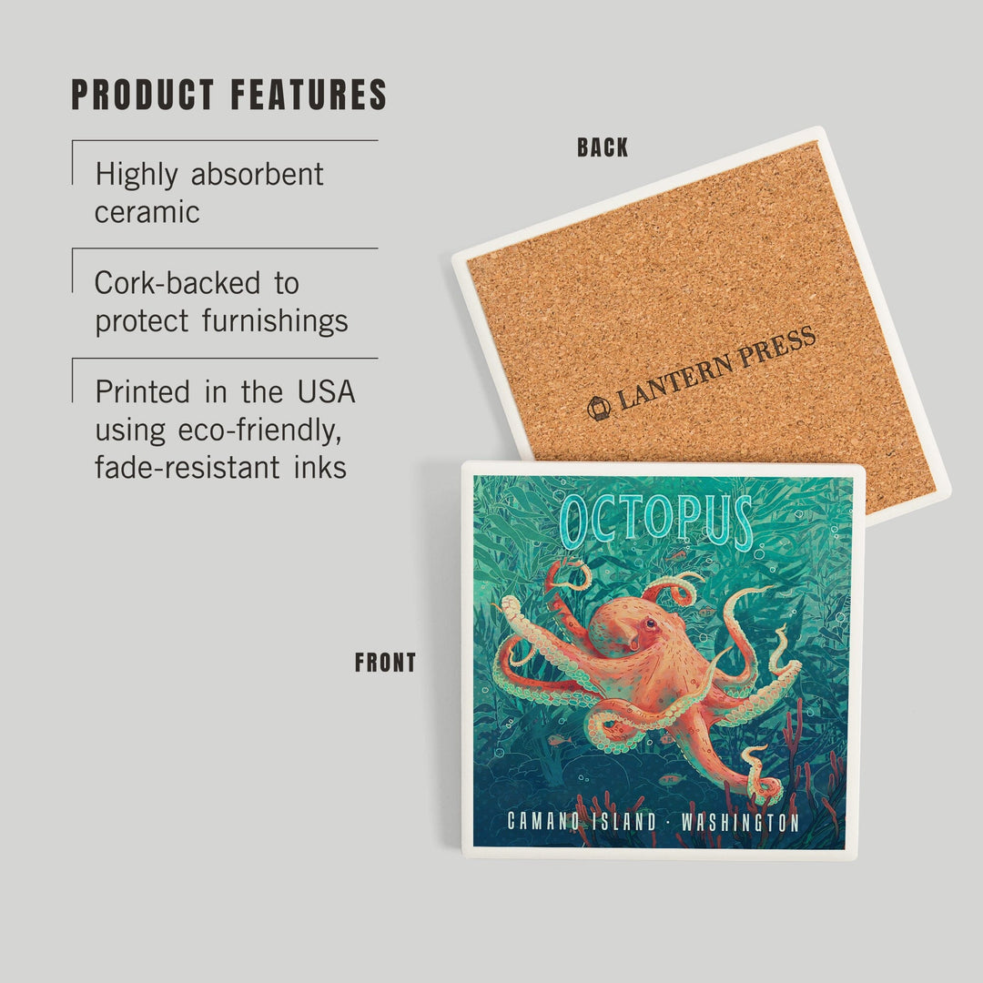Camano Island, Washington, Fluid Linework, Octopus, Coasters Coasters Lantern Press 