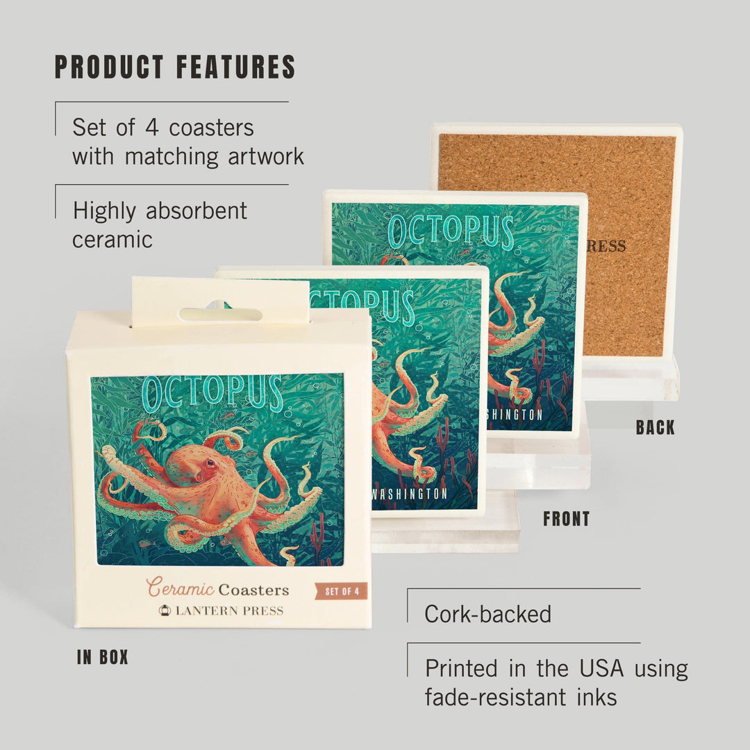 Camano Island, Washington, Fluid Linework, Octopus, Coasters Coasters Lantern Press 