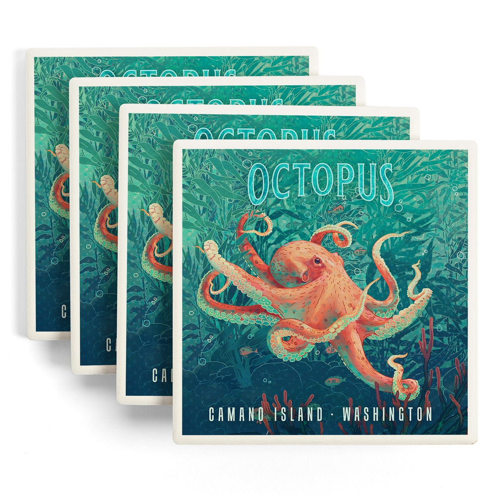 Camano Island, Washington, Fluid Linework, Octopus, Coasters Coasters Lantern Press 