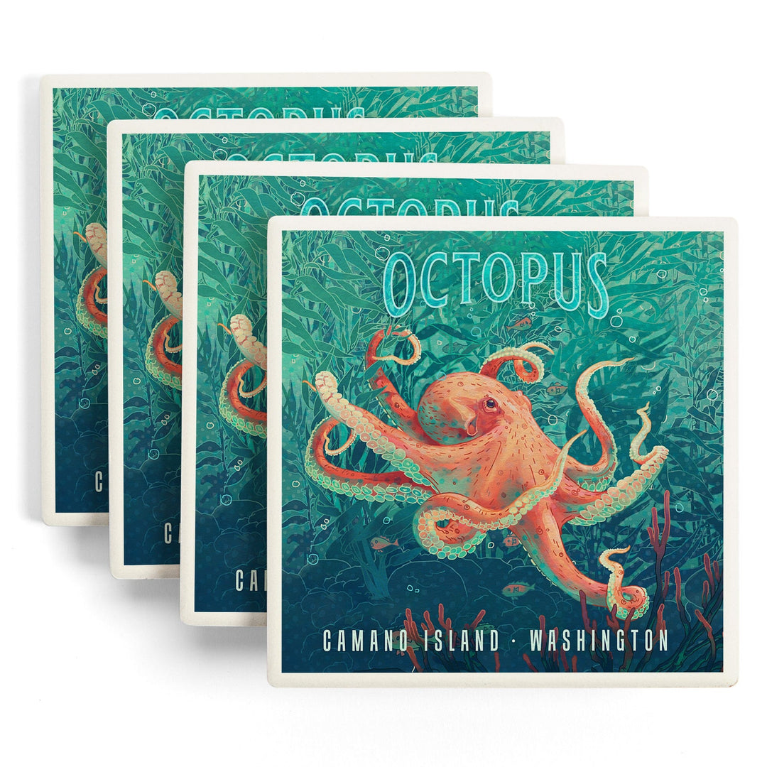 Camano Island, Washington, Fluid Linework, Octopus, Coasters Coasters Lantern Press 