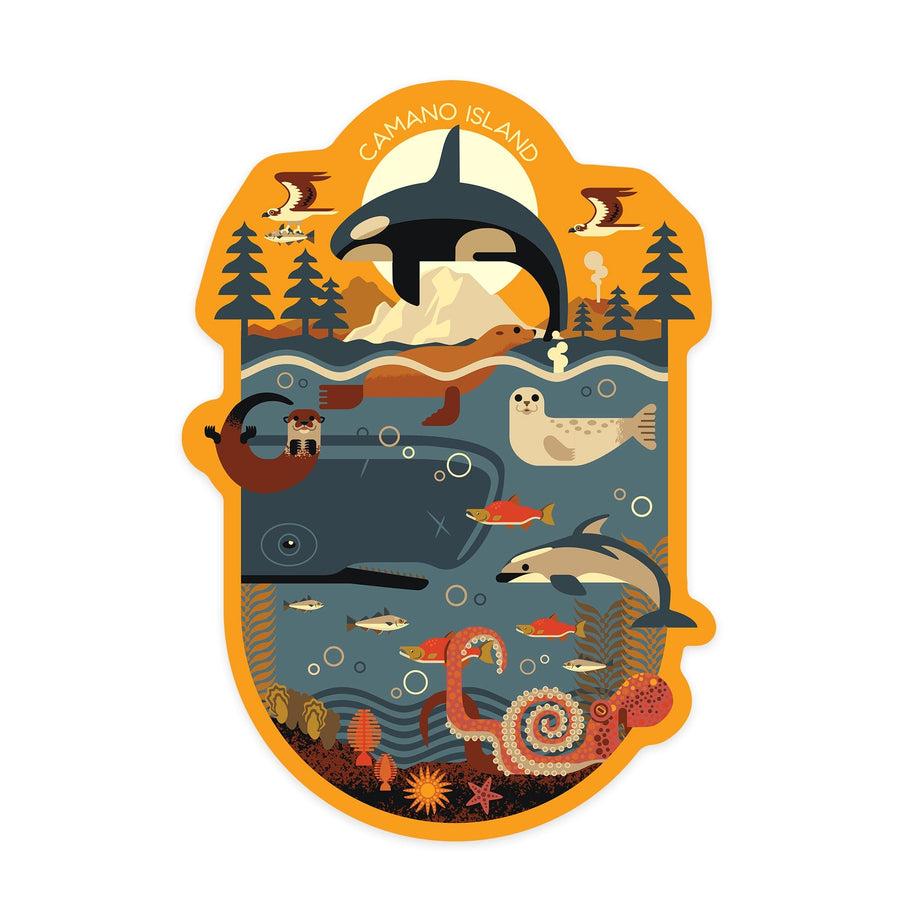 Camano Island, Washington, Marine Animals, Geometric, Contour, Vinyl Sticker - Lantern Press