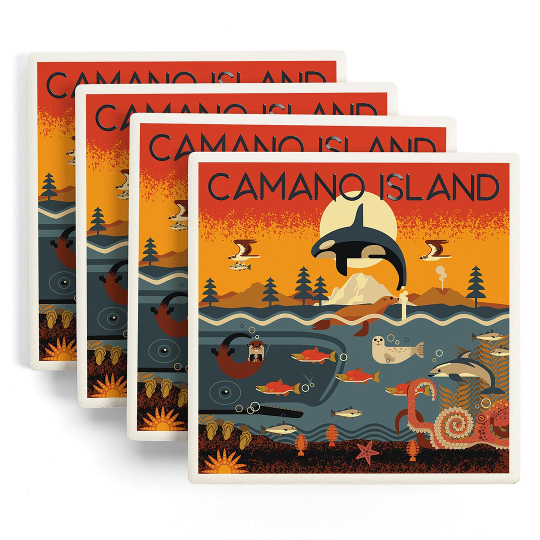 Camano Island, Washington, Marine Animals, Geometric, Lantern Press Artwork, Coaster Set - Lantern Press