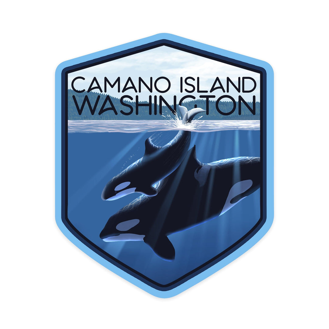 Camano Island, Washington, Orca and Calf, Contour, Vinyl Sticker - Lantern Press