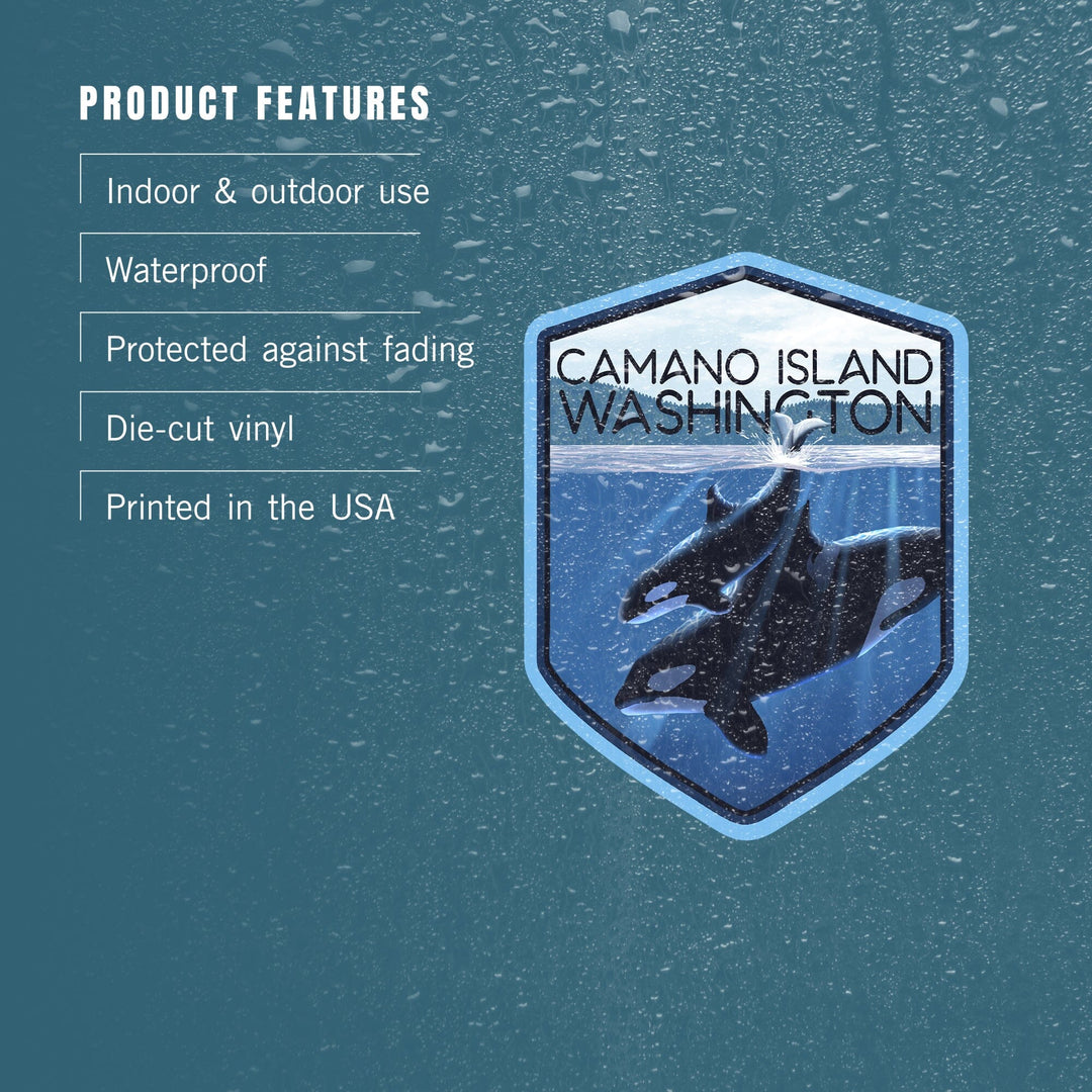 Camano Island, Washington, Orca and Calf, Contour, Vinyl Sticker - Lantern Press