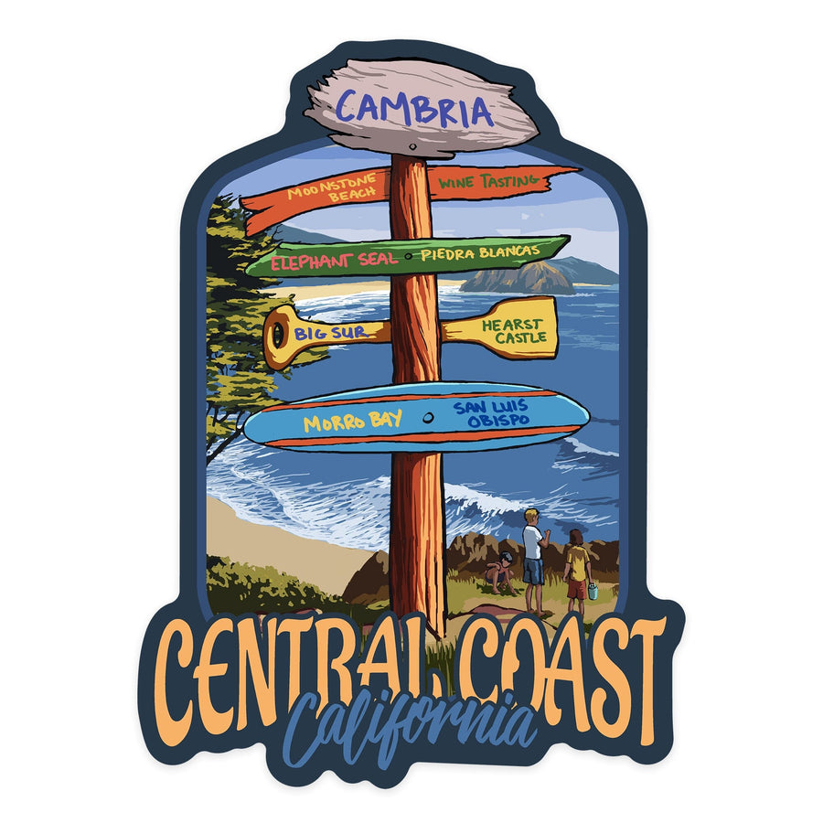 Cambria, California, Central Coast, Destination Signpost, Contour, Lantern Press Artwork, Vinyl Sticker Sticker Lantern Press 