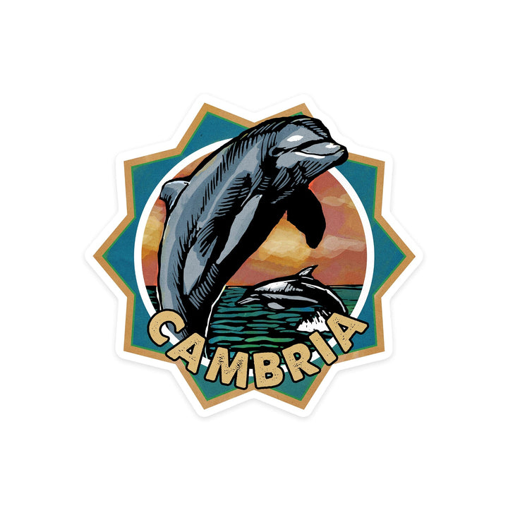 Cambria, California, Dolphin, Scratchboard, Contour, Vinyl Sticker Sticker Lantern Press 